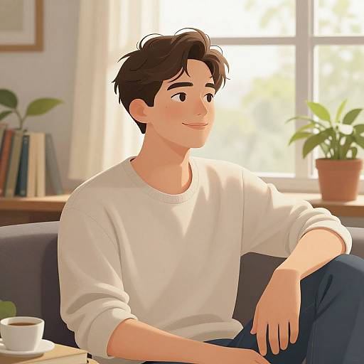 Digital anime-style illustration of a smiling young man with short brown hair, wearing a white sweater, sitting on a couch in a sunlit room with p