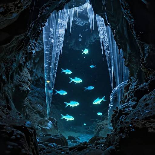 Photograph of a dark cave with glowing blue fish swimming beneath sharp, illuminated icicles, creating a magical underwater effect.
