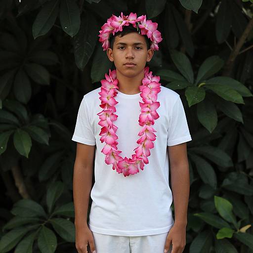 Photograph of a young boy with medium brown skin wearing a white shirt, pink flower lei, and matching flower crown, standing against a dark green leaf