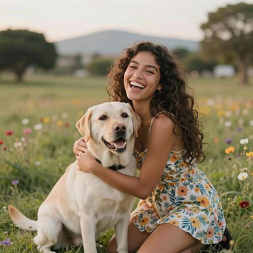 Young Woman Hugging Labrador in Wildflower Field
