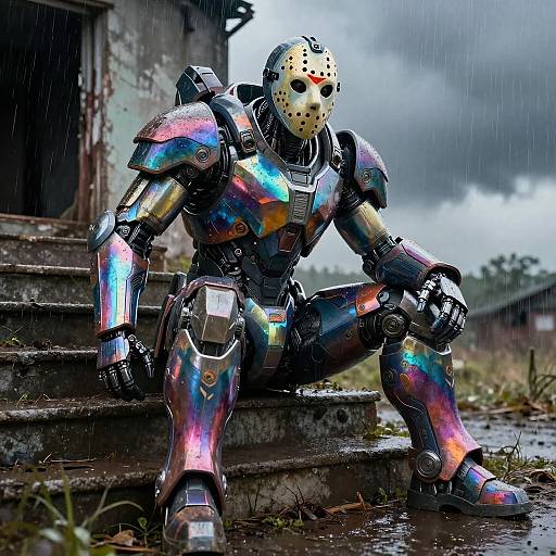 Photorealistic digital art of a rain-soaked, iridescent armored robot with a blood-stained Jason Voorhees mask, sitting on damp