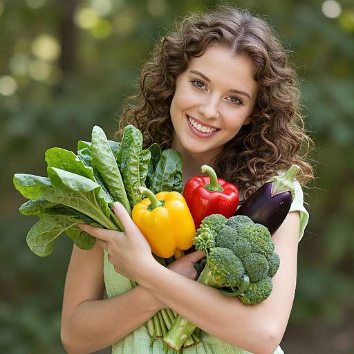 Photograph of a smiling young woman with curly brown hair, holding colorful vegetables (yellow bell pepper, red bell pepper, eggplant, broccoli, leaf