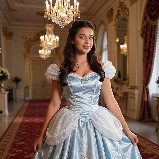 Photograph of a young woman with long brown hair, wearing a blue satin Disney-inspired Cinderella dress, standing in an opulent, chandelier-l