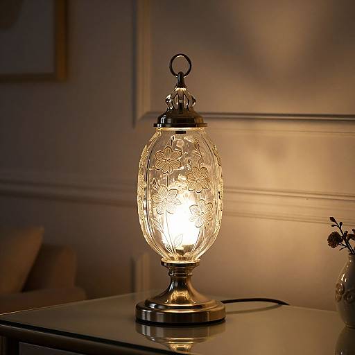 Photograph of an ornate, clear glass lantern with intricate floral patterns, emitting a warm glow on a white table. Dimly lit, cozy indoor