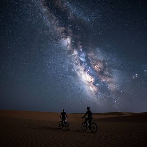 Silhouetted cyclists under a dazzling Milky Way night sky in a desert, bicycles and riders dark against the bright, star-filled backdrop. Photograph.