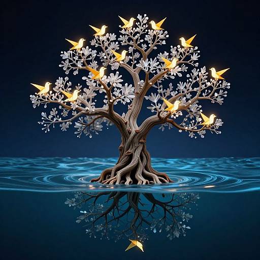 Upside-Down Oceanic Tree with Luminous Birds