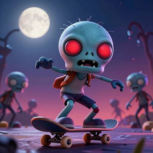 CGI image of a zombie child with glowing red eyes skateboarding at night under a full moon, surrounded by other zombie children.