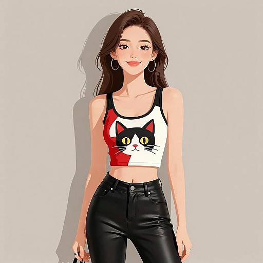 Smiling Woman in Chic Cat Top