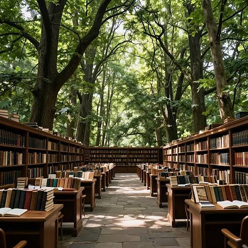 Photograph of a serene library with wooden bookshelves on both sides, filled with books, and a stone pathway leading to a sunlit, leaf