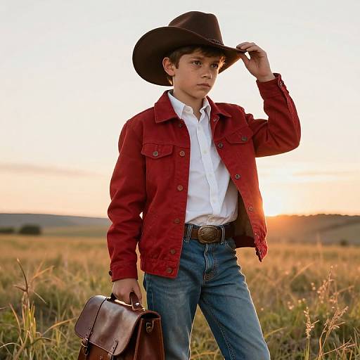 Young Cowboy in Sunlit Field
