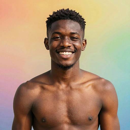 Photograph of a smiling, shirtless, dark-skinned Black man with short curly hair against a colorful rainbow gradient background. He has a lean,