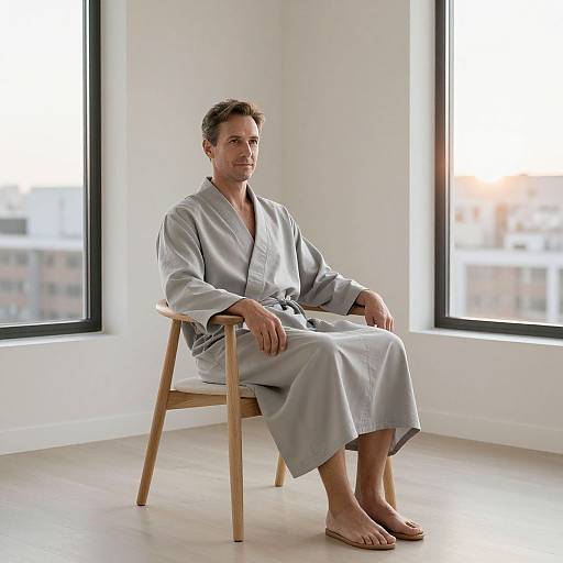 Photograph of a serious, white man with short brown hair, wearing a light gray robe and brown sandals, sitting on a wooden chair in a bright
