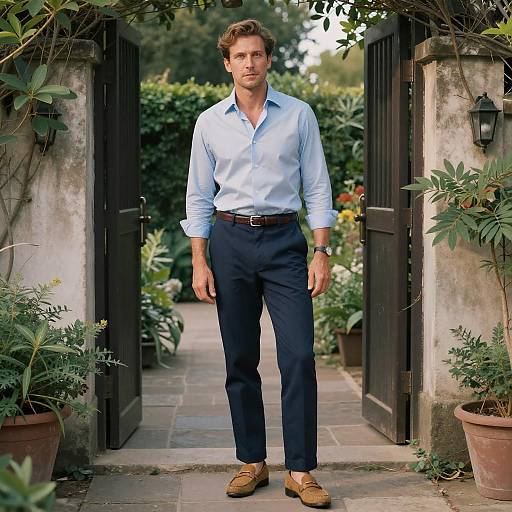 Photograph of a handsome, tall, blue-eyed man with short brown hair, wearing a light blue shirt, dark blue pants, and brown shoes,
