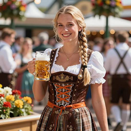 Young Woman in Traditional Oktoberfest Dress Holding Beer