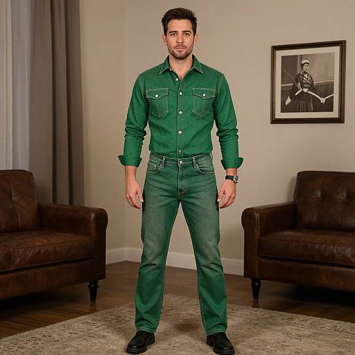 Photograph of a handsome man with short dark hair, green button-up shirt, and jeans, standing in a living room with brown armchairs and