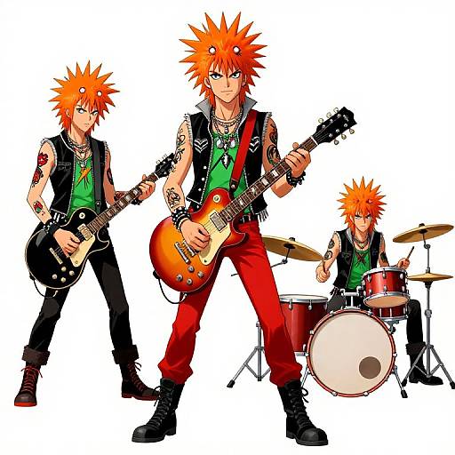 Digital anime-style drawing of three orange-haired, spiky-haired musicians: two playing electric guitars and one on a drum set, wearing black vests and green