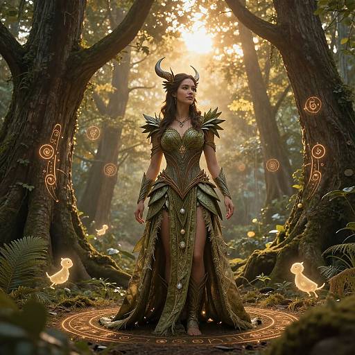 Digital fantasy artwork of a horned, forest goddess with green, leafy armor, standing in a sunlit, enchanted forest, surrounded by glowing fairy