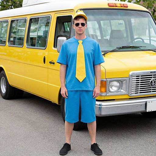 Photograph of a young man in blue shirt, shorts, yellow tie, and cap standing in front of a bright yellow bus.