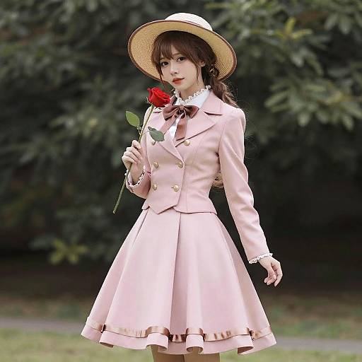 Photograph of a young Asian woman in a pink Victorian-style dress and straw hat, holding a red rose, standing against a blurred green foliage background.