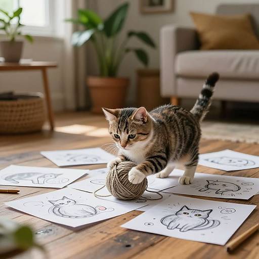 Photograph of a tabby kitten with white paws, playfully batting at a ball of yarn on a wooden floor, surrounded by cat sketches on