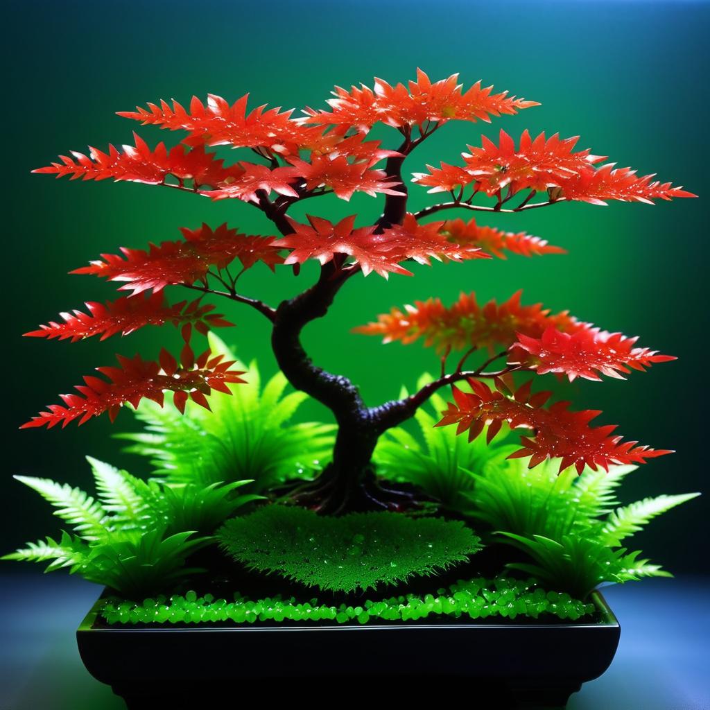 Exotic Red Maple with Lush Ferns Macro