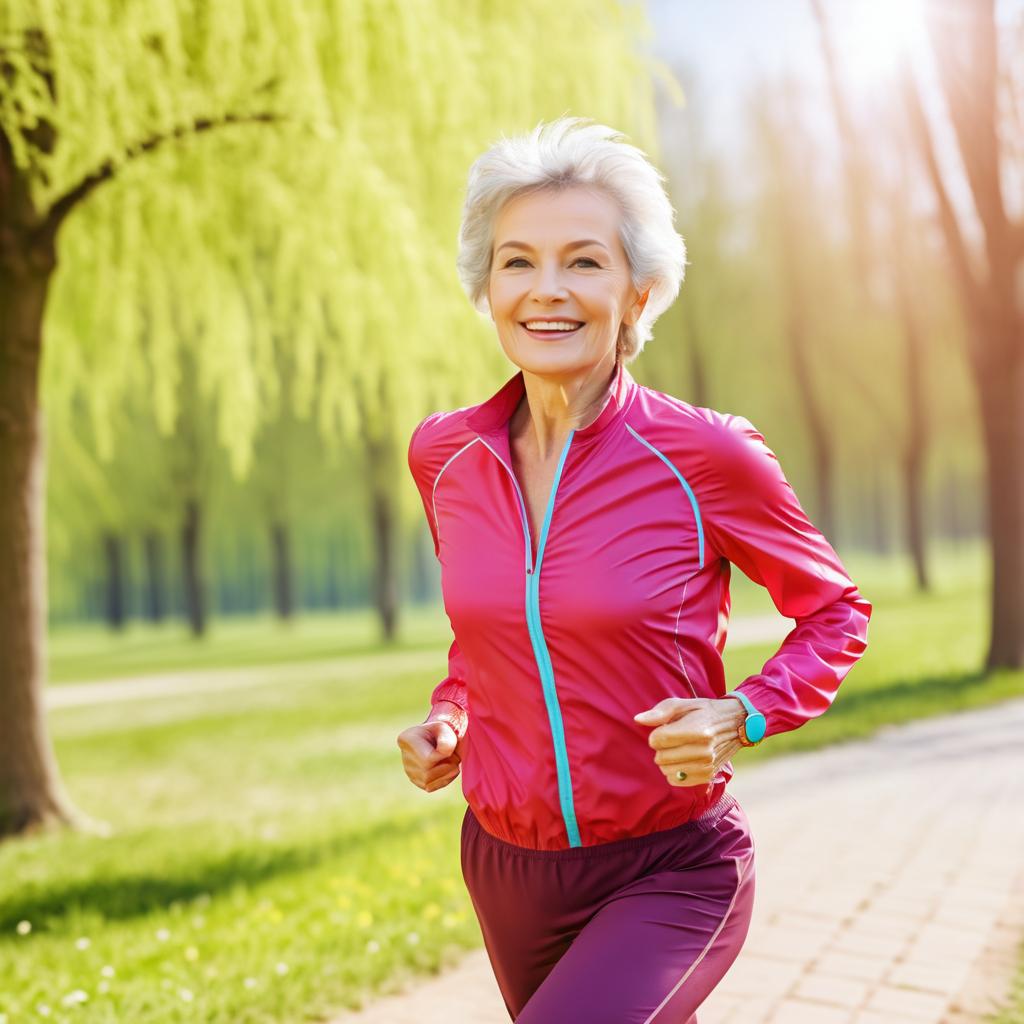 Joyful Older Woman Running in Spring