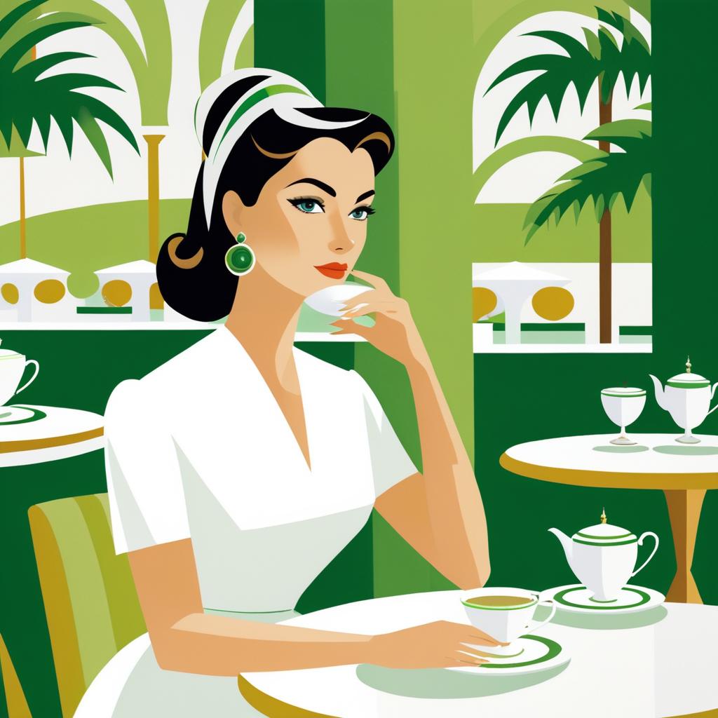 Sophisticated Woman in Greek-Inspired Cafe