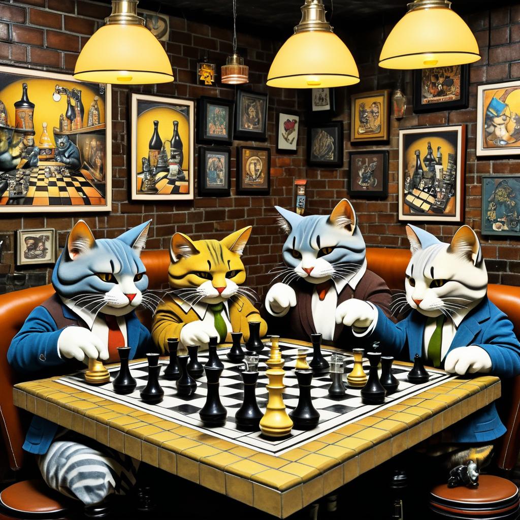 Whimsical Cats Chess Match in Bar