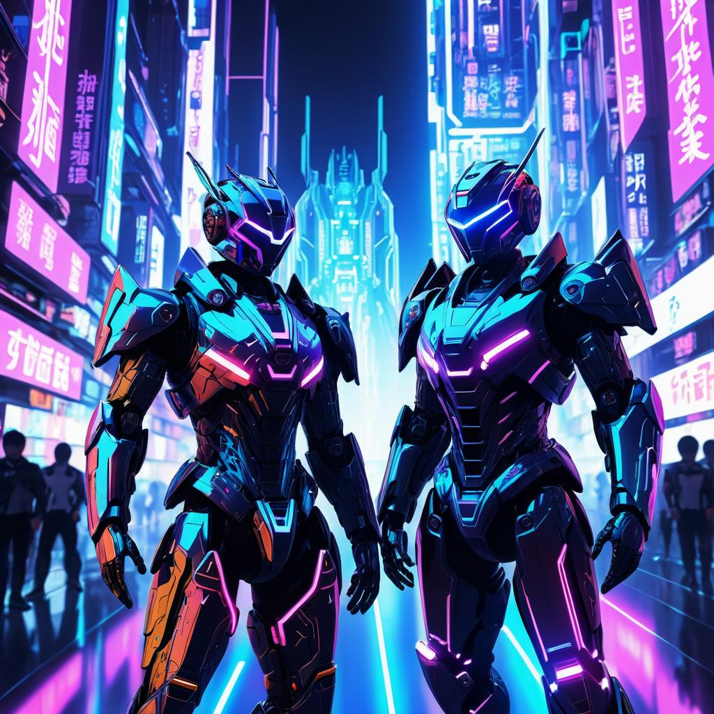 Futuristic Androids in Neon Cyberpunk Scene