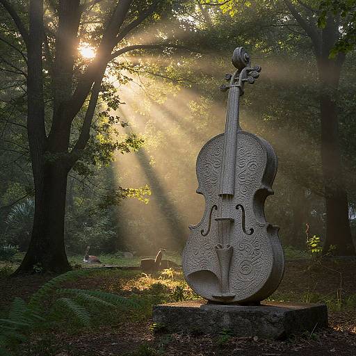 Photograph of an intricately carved stone cello sculpture in a sunlit forest, with sunlight streaming through trees, casting rays and shadows on fern-covered