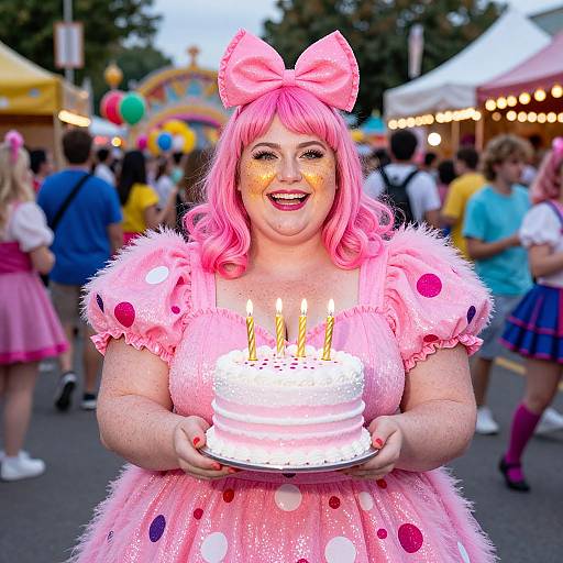Photograph of a joyful, plus-size woman with pink hair, a large bow, and pink polka-dot dress, holding a birthday cake with candles