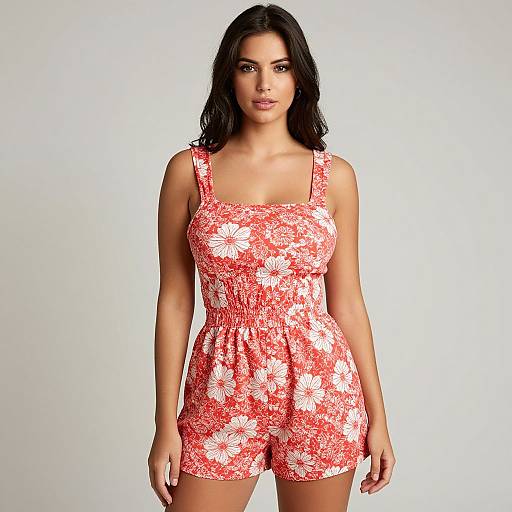 Photograph of a dark-haired woman with medium skin tone, wearing a red floral romper with square neckline, standing against a plain white background.