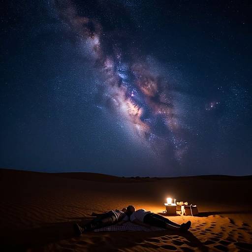 Photograph of a person lying on a sandy desert at night, gazing at a brilliant, star-filled Milky Way galaxy above, illuminated by a small