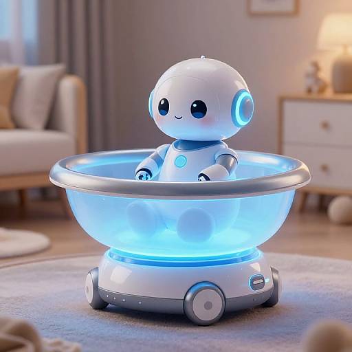 Photorealistic CGI of a cute, white, robotic baby with glowing blue accents, sitting in a luminous, blue, bowl-shaped base in a