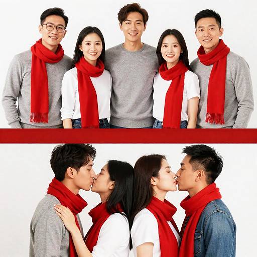Diverse Couples in Playful Red Scarf Pose