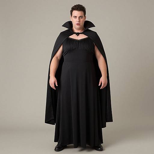 Photograph of a plus-sized person with short dark hair, wearing a black Gothic-style dress and cape, standing against a plain gray background.