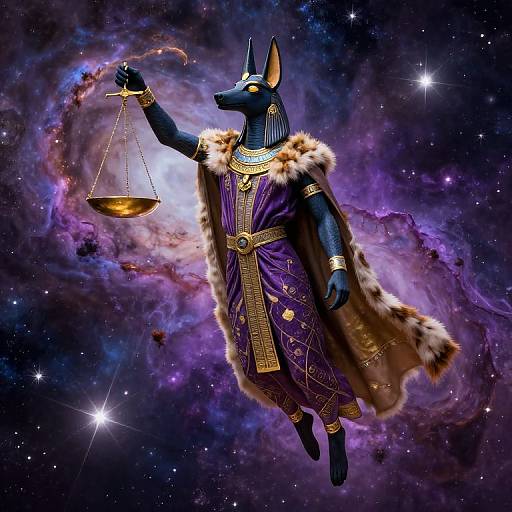 Digital artwork of an Anubis-like figure with blue fur, golden eyes, holding a balance scale, wearing a purple robe with gold trim and fur