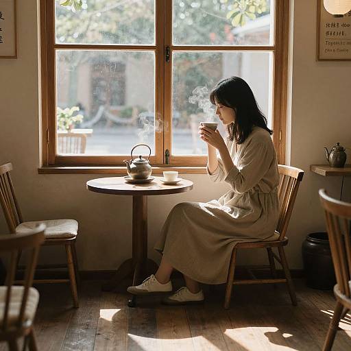 Photograph of a young woman with long black hair, wearing a beige dress and white sneakers, sitting by a sunlit window, sipping a ste