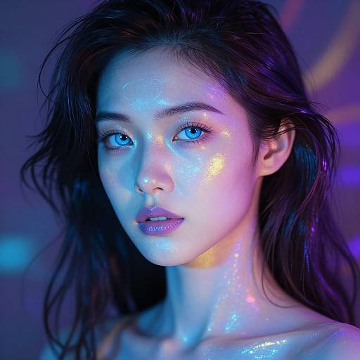 Photorealistic digital portrait of a young woman with glowing blue and purple highlights on her face, wet dark hair, and striking blue eyes, set against