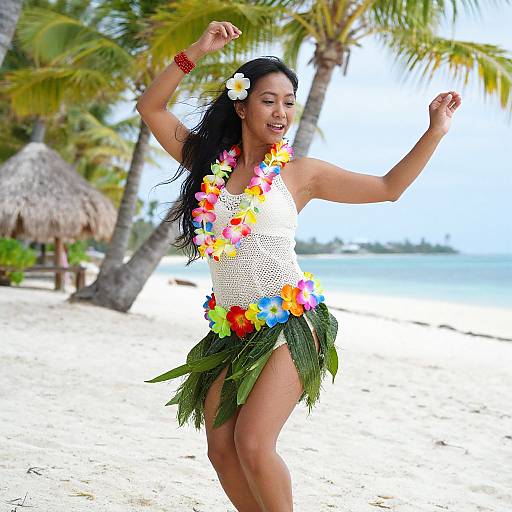 Photograph of a joyful Asian woman dancing on a tropical beach, wearing a white crochet top, colorful flower lei, and grass skirt, with palm trees