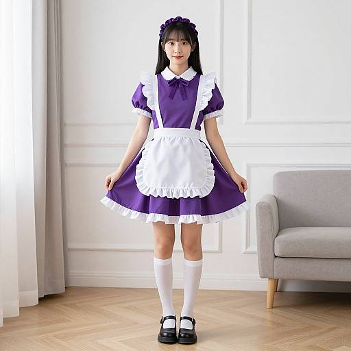 Photograph of an Asian woman in a purple and white maid outfit, standing in a bright, modern room with wooden floors and a gray chair.