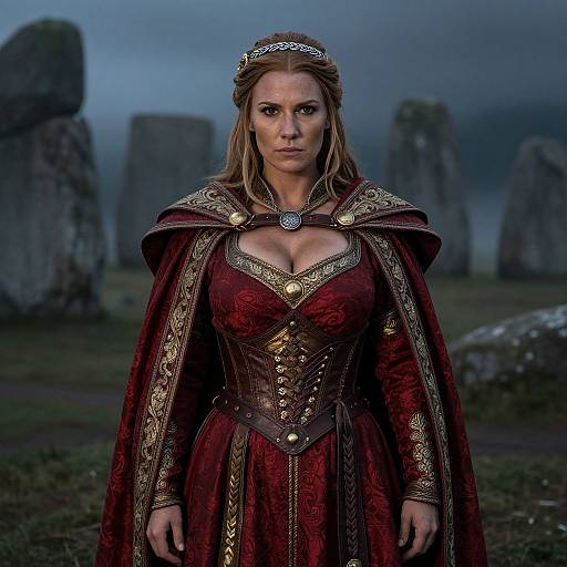 Photograph of a serious, blonde woman in a medieval-style, red and gold gown with a detailed corset and cape, standing in a misty