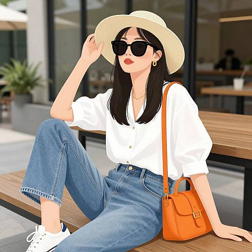 Digital illustration of a stylish woman in a white hat, black sunglasses, white shirt, blue jeans, white sneakers, and orange bag, sitting on a