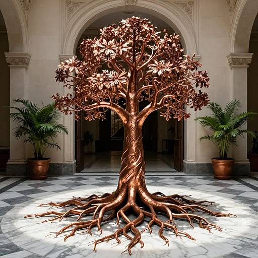 Photograph of a metallic bronze tree with intricate twisting trunk and branches, standing in a grand, arched, marble-floored hallway with potted