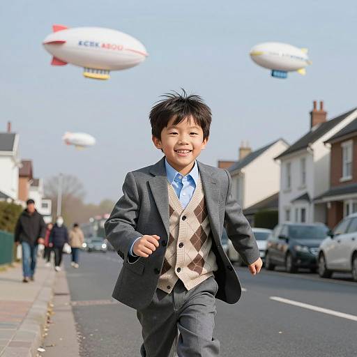 Smiling Boy Running on Suburban Street with Blimps