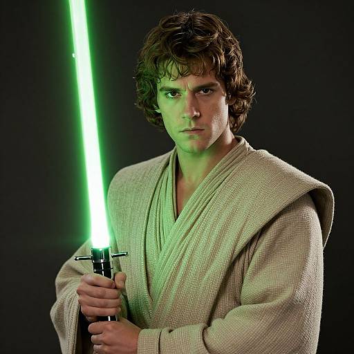 Photograph of a young Mark Hamill as Luke Skywalker, wearing a beige Jedi robe, holding a glowing green lightsaber, against a black background.