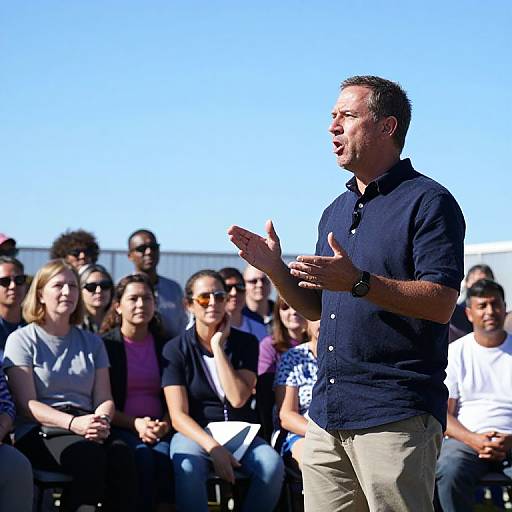 Photograph of a middle-aged man in a navy shirt and beige pants, speaking to an outdoor audience under a clear blue sky.