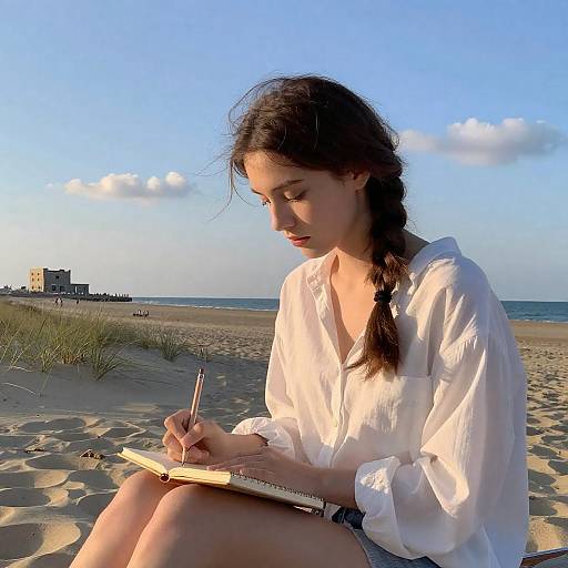 Young woman writing on beach at sunset