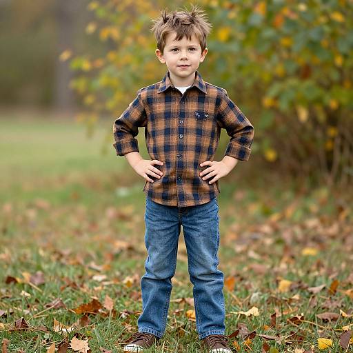 Photograph of a young boy with spiky brown hair, wearing a brown plaid shirt and blue jeans, standing confidently with hands on hips in a