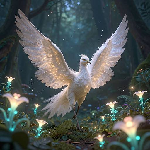 Digital artwork of a glowing white bird with expansive wings, standing amidst a magical forest filled with luminescent flowers.